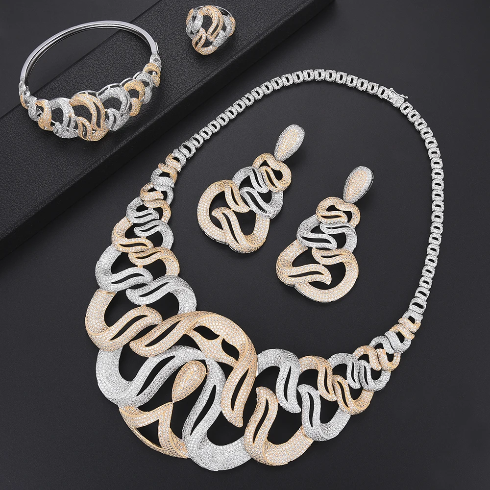 

Blachette Luxury Bridal Jewelry Sets Indian African Dubai Necklace Earrings Bracelet Ring Nigerian 4PCS for Women Banquet Party
