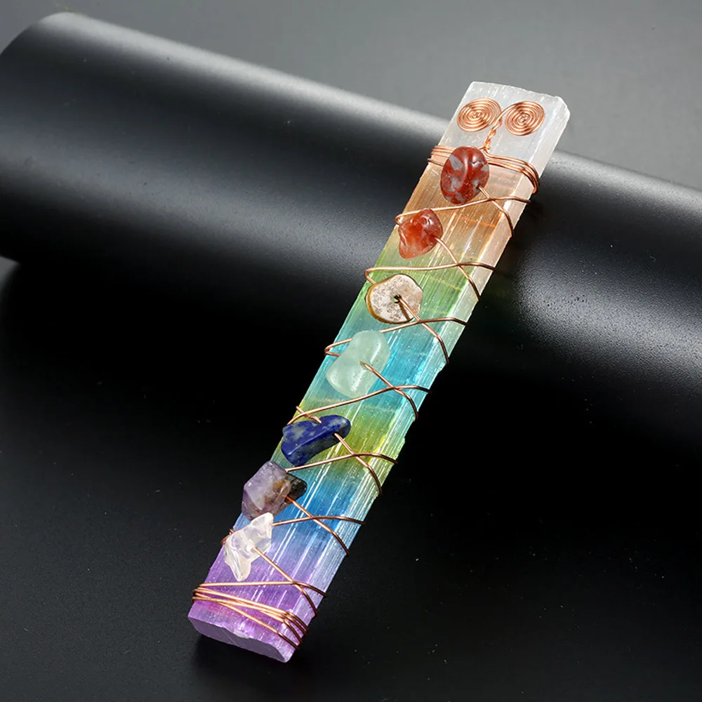 

7 Chakra Healing Crystals Stones Beads Wire Wrapped Raw Selenite Stick Wand 3pcs for Yoga Meditation,Spiritual,Reiki Balancing