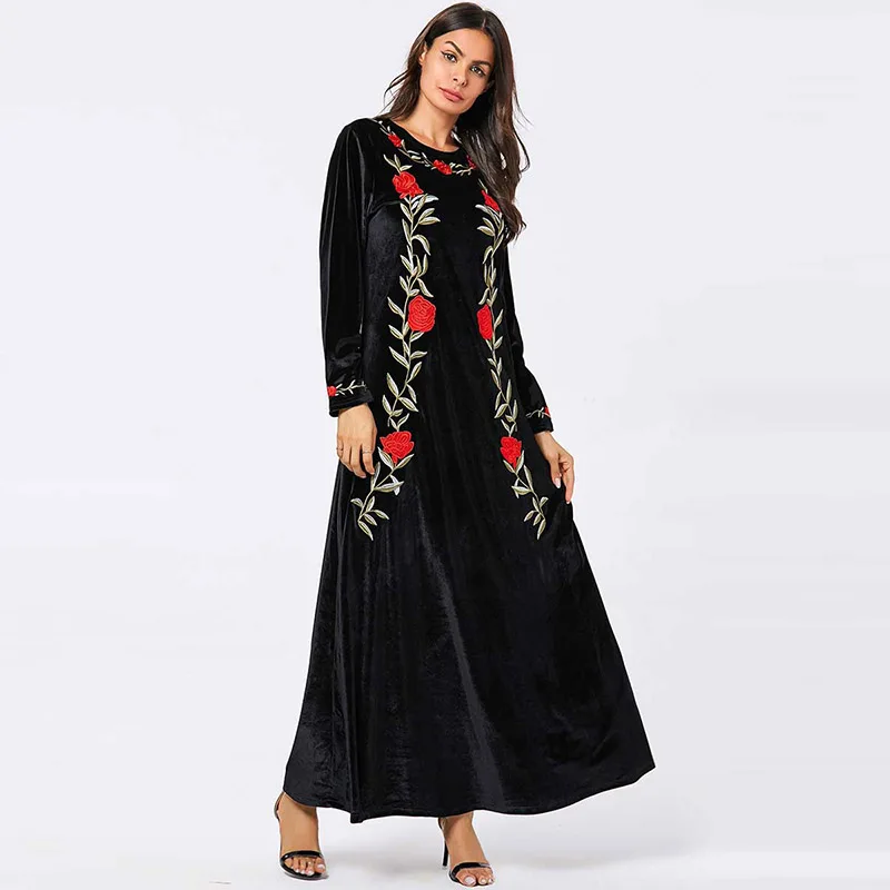 

Middle Eastern fashion large size women's robes embroidered long-sleeved dress Muslim Dubai Arabian gold velvet big swing dress
