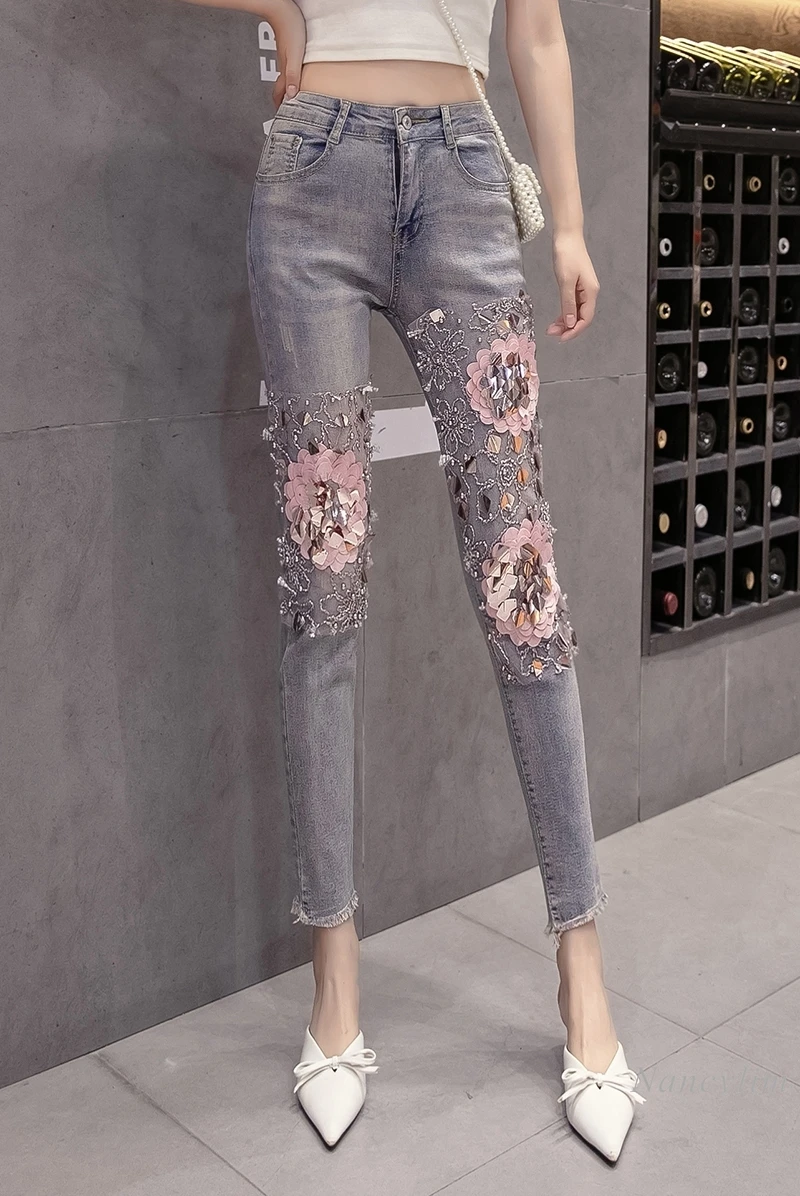 

Elastic Denim Pencil Pants Female 2021 Spring New High Waist Retro Thin Embroidered Flowers Stretch Jeans for Girl Lady