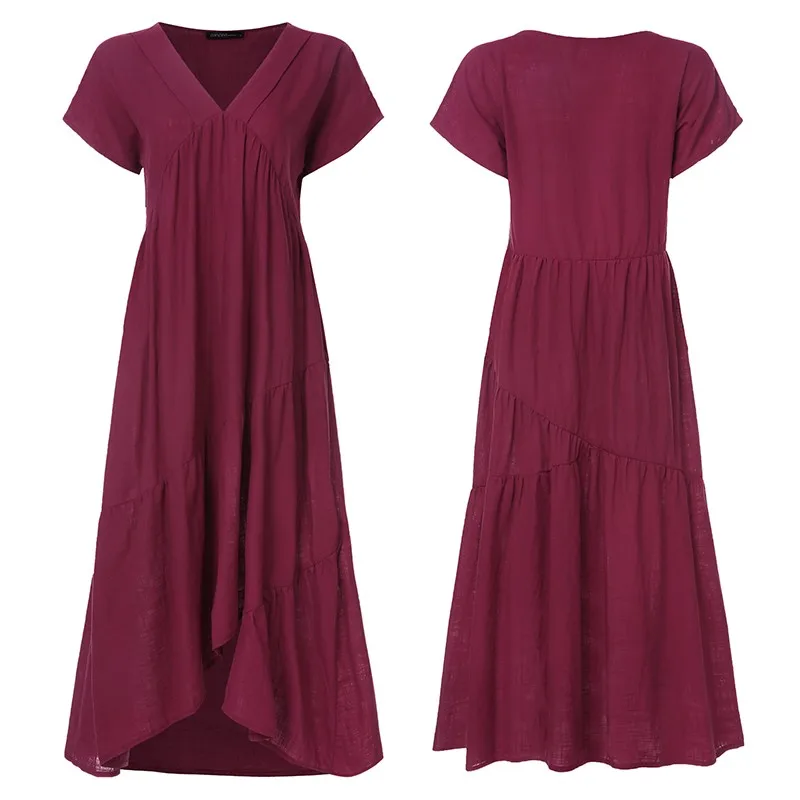 Fashion Tunic Midi Dress Women's Summer Sundress ZANZEA Sexy V Neck Asymmetrical Vestidos Female Plus Size Ruffle Robe