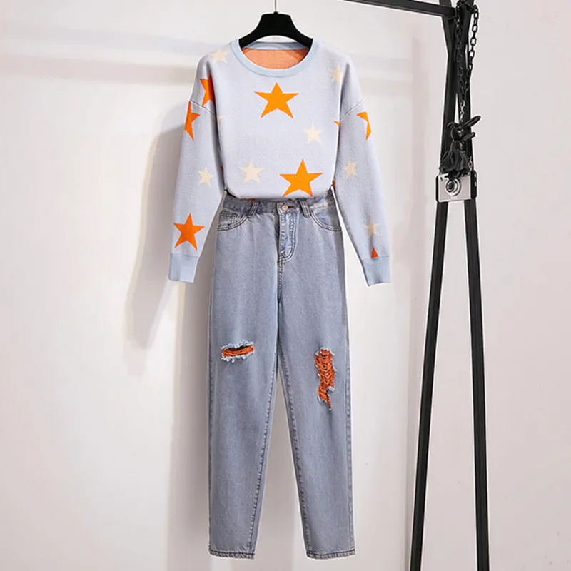 Sweater and pant Высокое качество свитер и джинсовые штаны женский комплект 2 шт. мода плюс размер Звезды жаккард джемпер Топы и отверстие карандаш джинсы костюм - Цвет: Sweater and pant