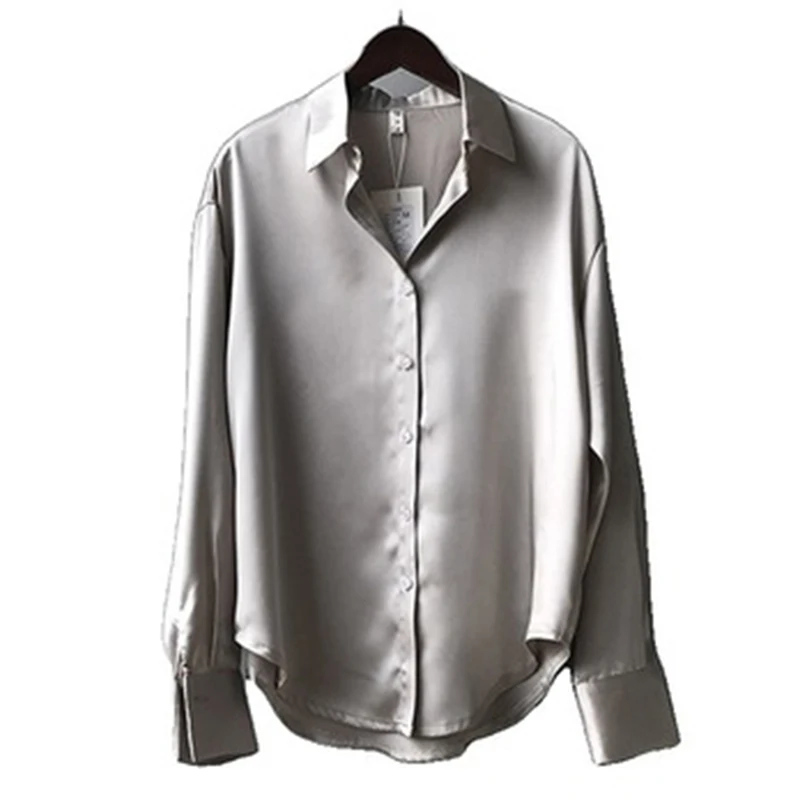 

2021 Fashion Satin Silk Loose Women's Shirts Autumn New Long Sleeve Button Up Female Blouses Elegant Green Plus Size Ladies Tops