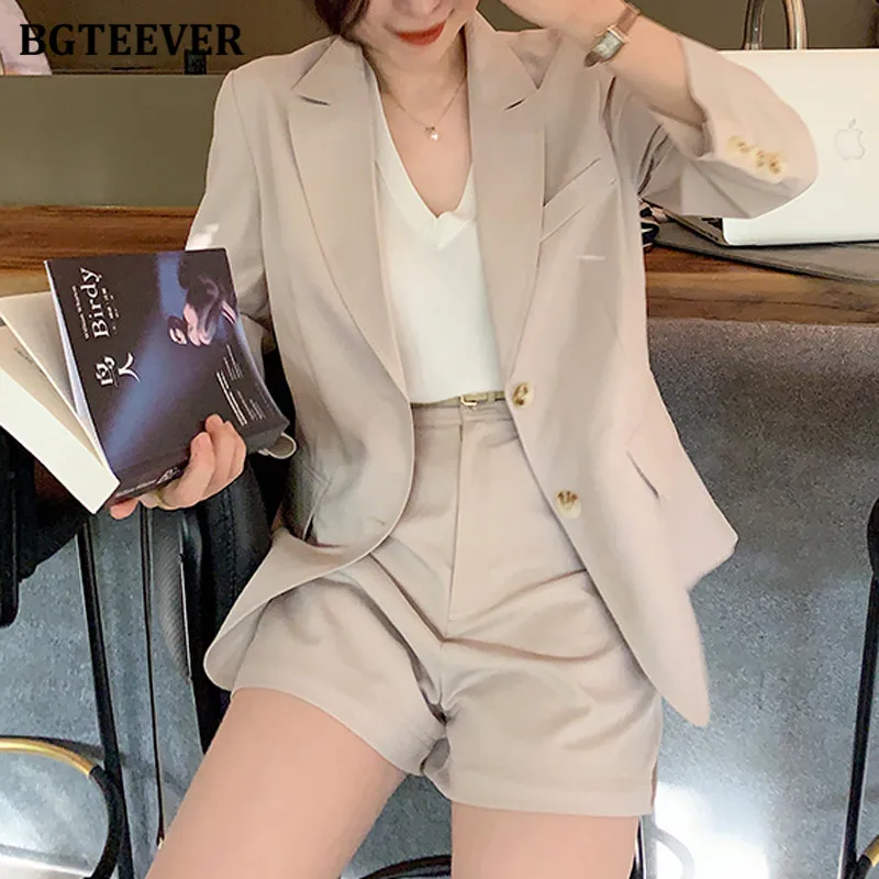 

BGTEEVER Summer Ladies 2 Pieces Blazer Set Single-breasted Suit Jackets & Shorts Casual Stylish Women Solid Short Suits 2021