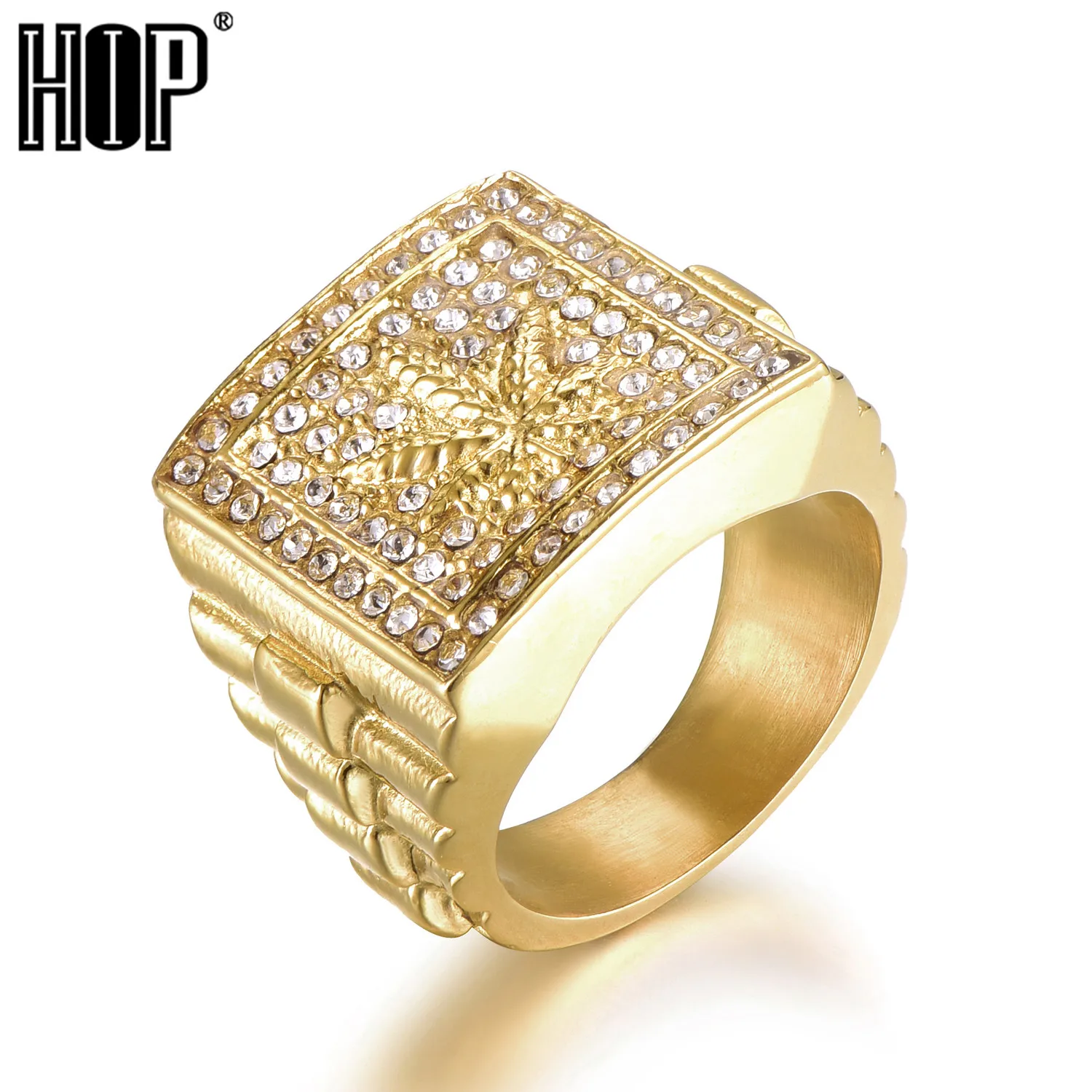 

HIP Hop Iced Out Weed Maple leaf Bling Gold Stainless Steel Ring Full Micro Paved Rhinestone Rings for Men Jewelry