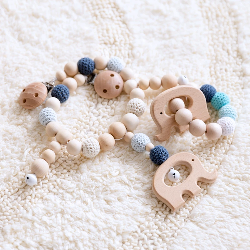 

1 Set Baby Crochet Beads Teether Wood Elephant Dummy Clip Chain Pacifier Soother Holder Baby Toys Handmade Stroller Accessories