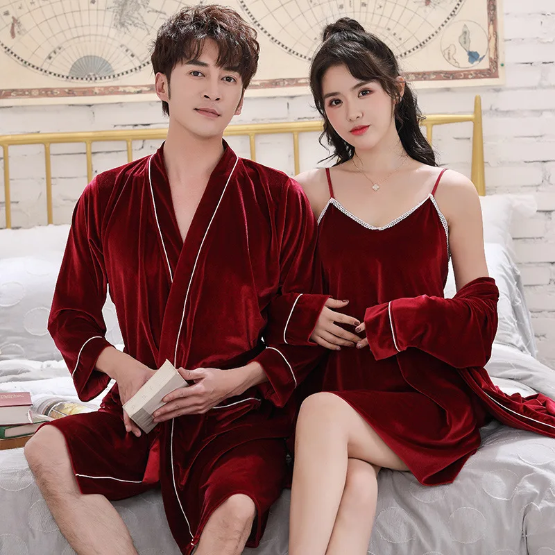 

Couple Nightgown Women Autumn Winter Velvet Red Wedding Pajamas Men's Bathrobe Soft Bridal Dressing Gown Robe Sets