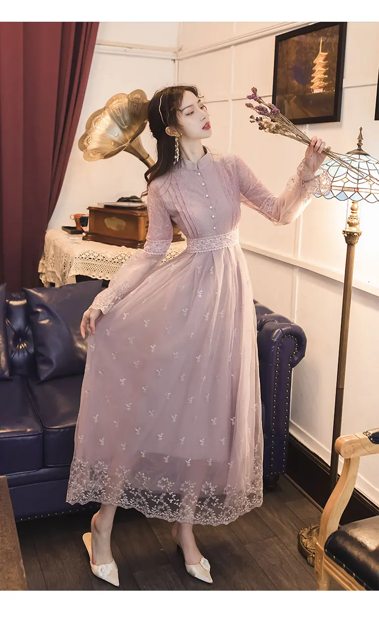 

Vintage Dresses Women French Style Mesh Long Sleeve Lace Purple Dress 2021 Spring High-Waist Slimming Fairy Mori Style Dress
