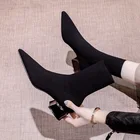 Модные эластичные сапоги до щиколотки на высоком массивном каблуке; Пикантные женские осенние сапоги-лодочки с острым носком; Zapatos De Mujer