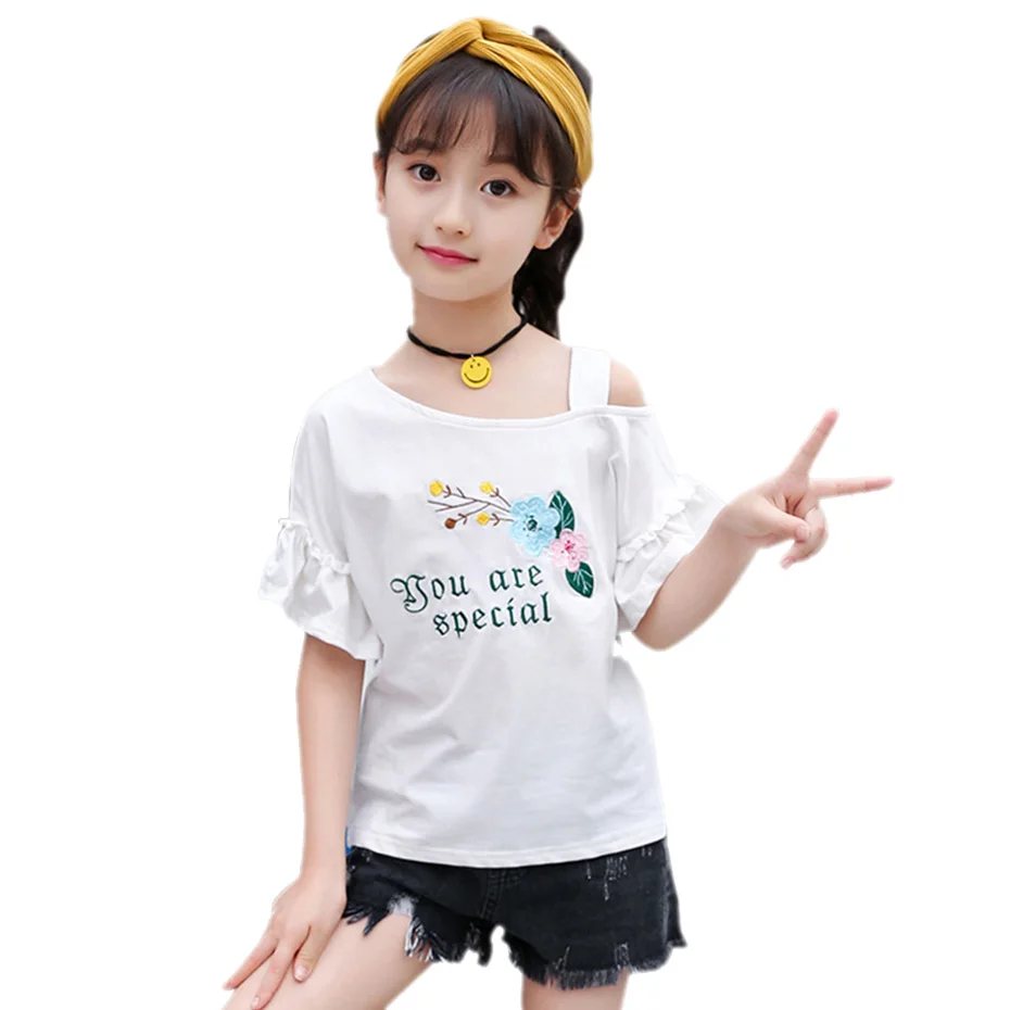 Футболки для девочек летняя детская футболка одежда с открытыми плечами топ