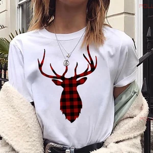 Red Plaid Reindeer Graphic Printed Women T-shirt Merry Christmas gift tshirt femme Girls Cartoon Tops Tee Female Casual Clothes