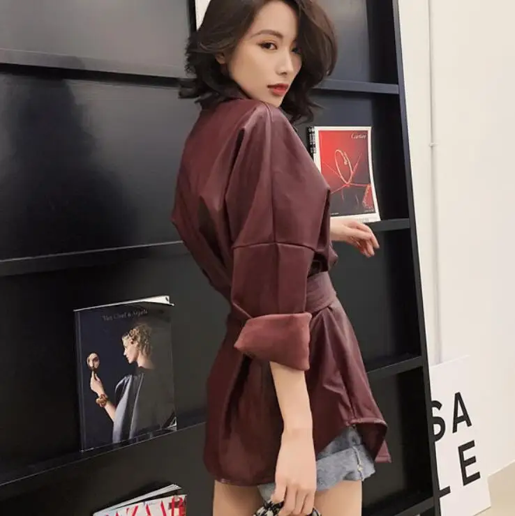 Куртка женская демисезонная из ПУ кожи с отложным воротником|Женские куртки| |