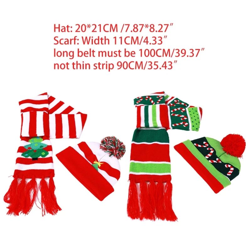 

Kids Christmas 2Pcs Striped Knitted Pompom Beanie Hat Tassels Long Scarf Set XX9D