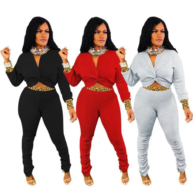 

Повседневный Леопардовый спортивный костюм, Женская Спортивная одежда для бега, сексуальный укороченный топ с V-образным вырезом и складны...