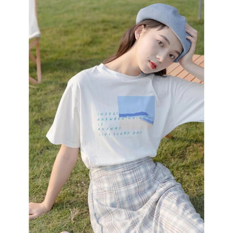 

New Fashion T shirt Women Letters Print Short Sleeve Round Neck Woman T-shirt Campus Style Tshirt Women