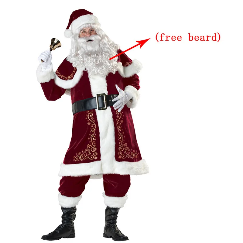

Christmas Costume Cosplay Outfits New Year Costumes Couple Santa Claus Uniform Red Deluxe Velvet Fancy Dress for Men Women