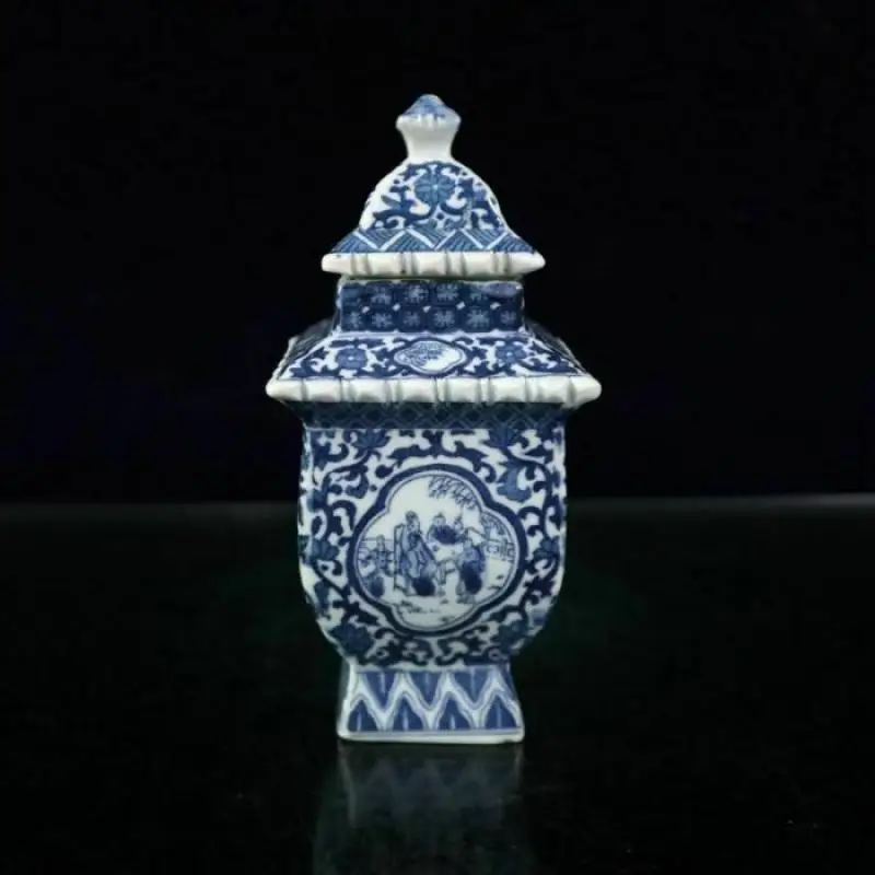 

Chinese Old Porcelain Blue and White Figure Patterned Square Tower Lid Jar Desk Decoration Home Collection Ornaments Bottles