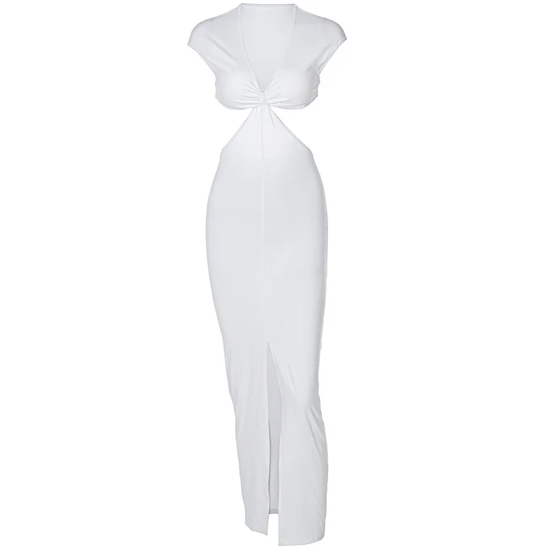 

2021 Women Sexy Sheath Dress Adults Solid Color V-neck Short Sleeve Slit Cutout Summer Dress Backless Sleeveless Dresses