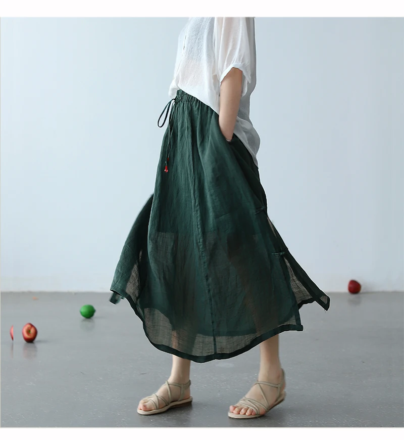 

2021 summer new retro disc buckle split ramie skirt female elastic waist