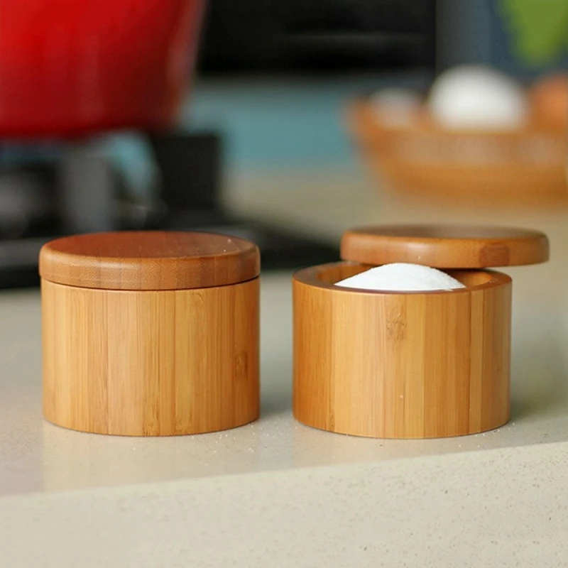 2Pcs Storage Boxes Salt Box Wooden Bamboo With netic Swivel Lid Container For Kitchen Containers Food | Дом и сад