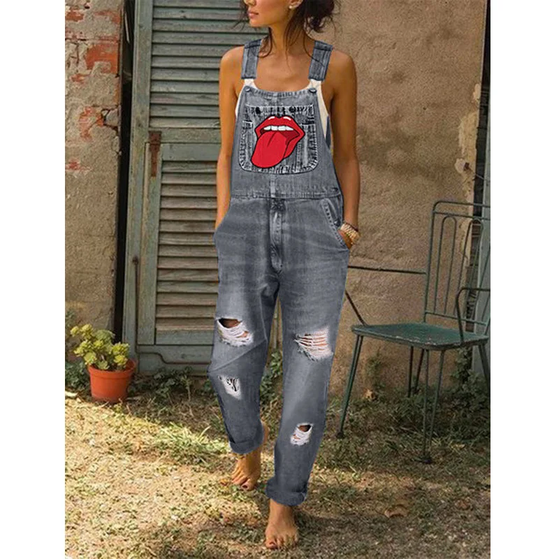 

Ladies Sling Jeans 2020 New Personality Jeans Women Washed Embroidered Tongue Simple Slim Overalls
