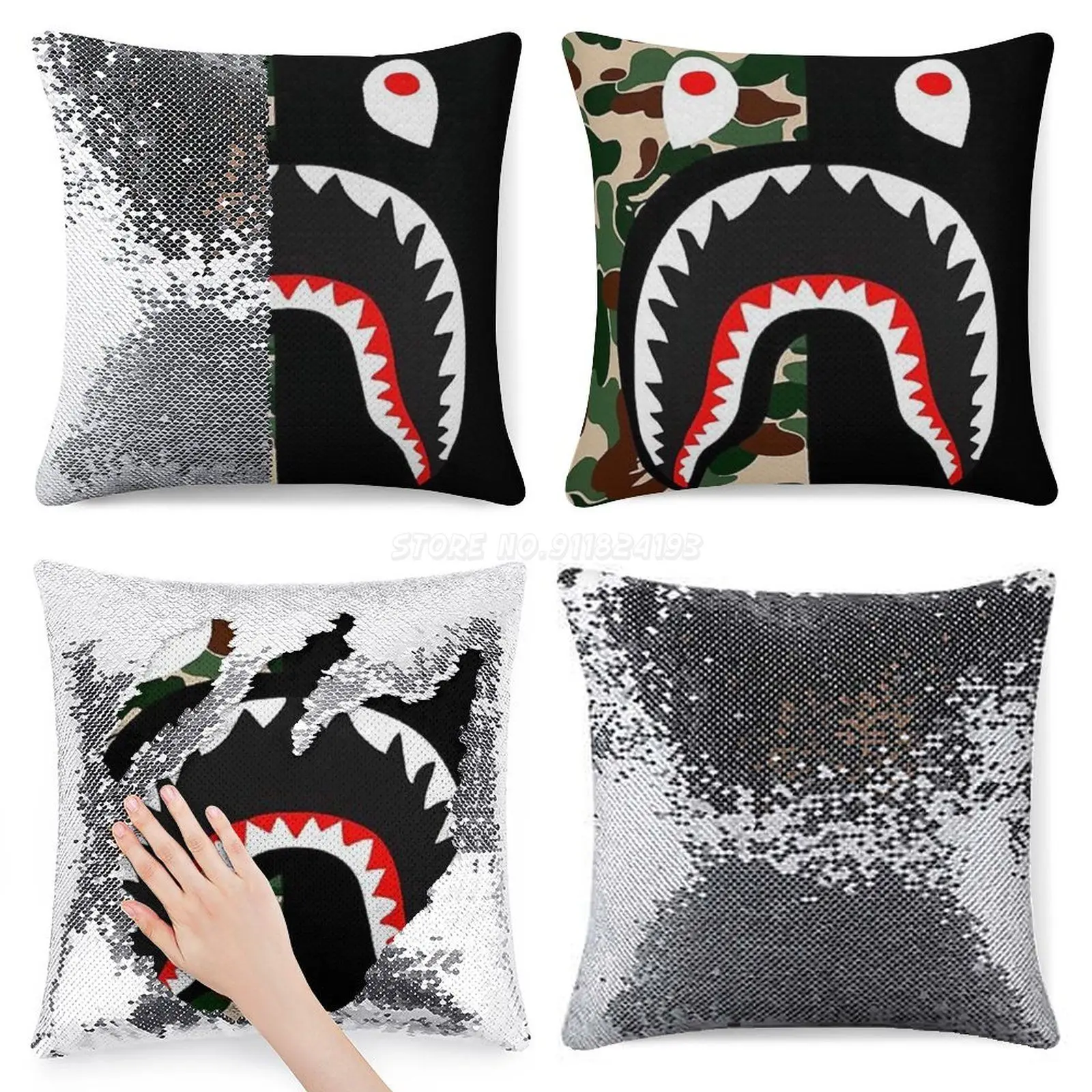 Черный камуфляжный чехол-подушка с блестками в виде акулы Чехол-Подушка 40 см x
