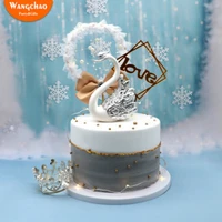 ornate golden silver crown swan happy birthday cake topper romantic wedding engagement dessert decoration lovely party gifts