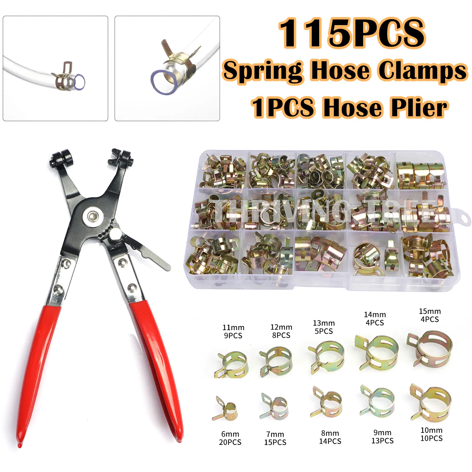 

115PCS Spring Band Type Fuel Vacuum Hose Silicone Pipe Tube Clamp Clip Zinc Plated Clamps 6-22mm Kit + 1PC Hose Clamp Pliers