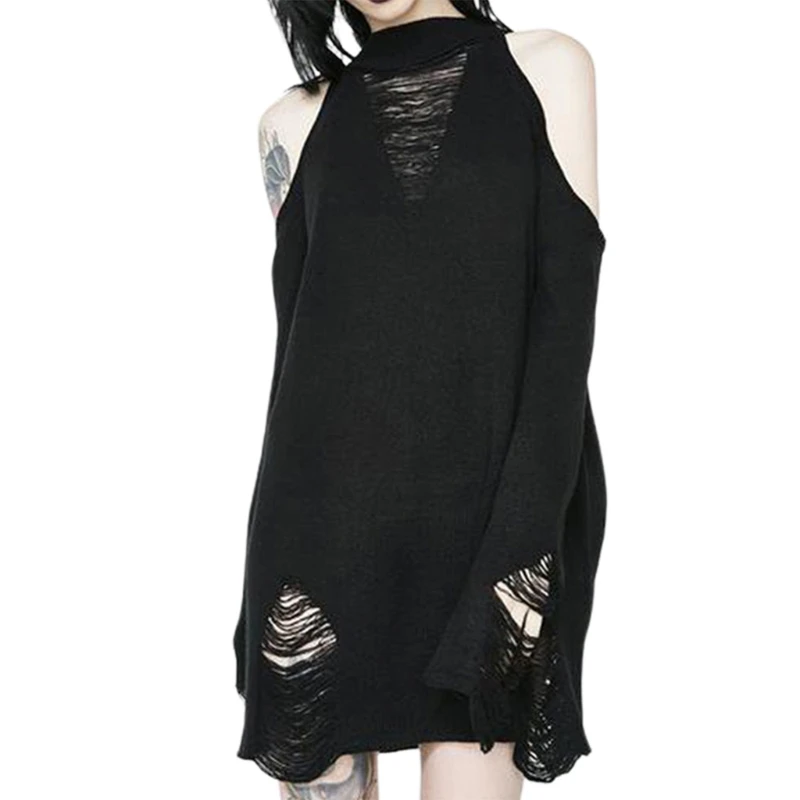 

Womens Sexy Cold Shoulder Halter Neck Sweater Dress Gothic Punk Ripped Hollow Out Hole Long Sleeve Knitwear Loose Tops