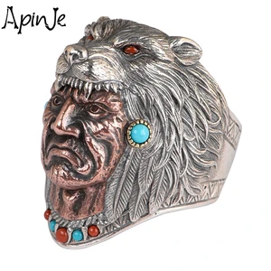 Apinje 925 Sterling Silver Opening Ring Wolf Head Satan Red Pine Fashion Male Rings for Men Jewelry