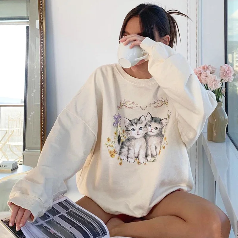 

Cat Print Women Pullovers Oversize Sweatshirt Casual Cute Tops Floral White Autumn Sportswear Long Sleeve Sweatshirt TopsF 2020