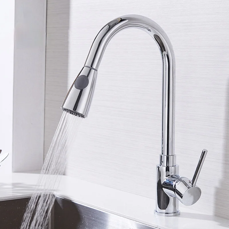

Kitchen Faucets Silver Single Handle Pull Out Kitchen Tap Single Hole Handle Swivel 360 Degree Water Mixer Tap Mixer Tap