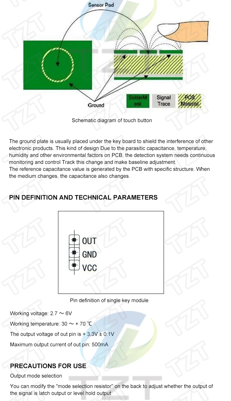 Grün, Blau, Rot und Gelb, RGB, kapazitives Touch-Schalter-Tastenmodul, 2,7 V bis 6 V, Anti-Jamming-Modul, ist stark, HTTM-Serie – Detail 2