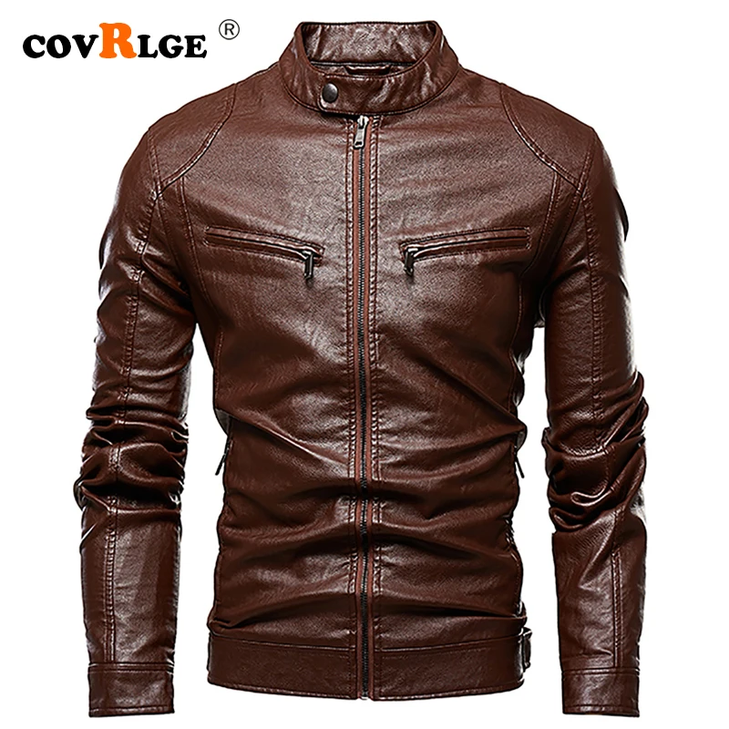 Covrlge Fashion Biker Zipper Pocket Design PU Leather Jacket Men New Motorcycle Casual Vintage Leather Hoodie Jacket Men MWP060