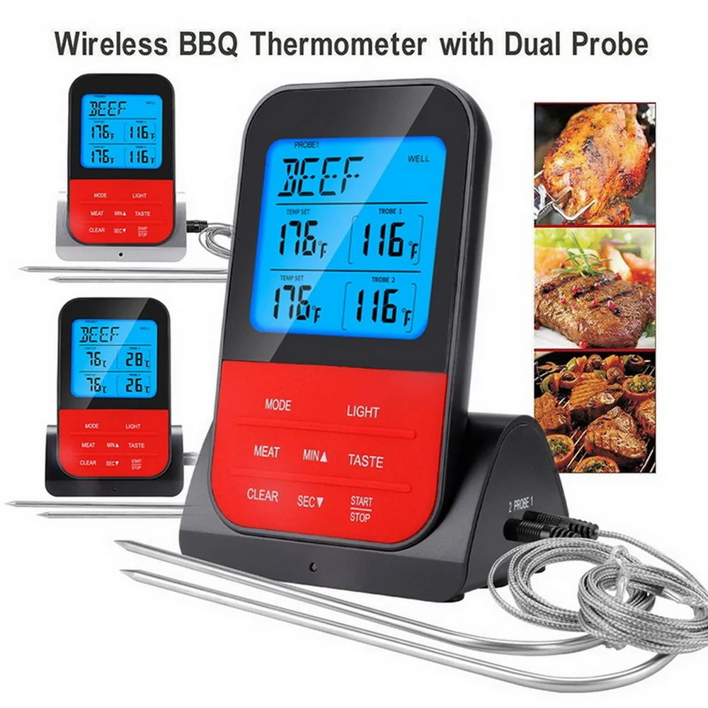 Wireless Remote Meat Thermometer Dual Probe Digital Backlight Cooking Oven BBQ Kitchen Food Thermometer With base lucky bag with digital thermometer
