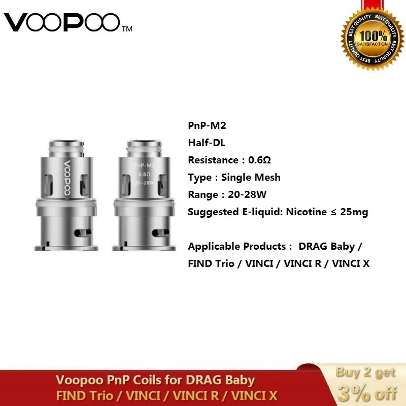 Original VOOPOO PnP Vape Coil Head Pnp-M2 Pnp-R1 Pnp-C1 PnP-VM1 Mesh PnP-R1 Mesh PnP RBA for VINCI R VINCI Mod Drag Baby trio