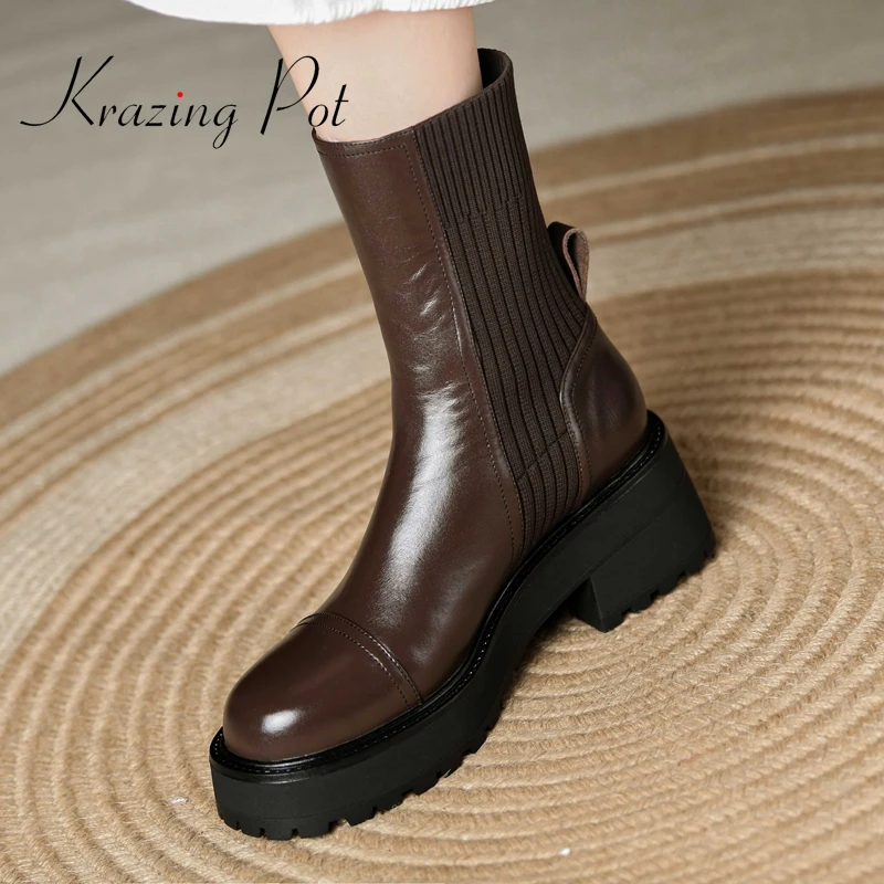 

krazing pot genuine leather round toe high heels sock boots retro fashion British style slip on comfortable mid-calf boots L99