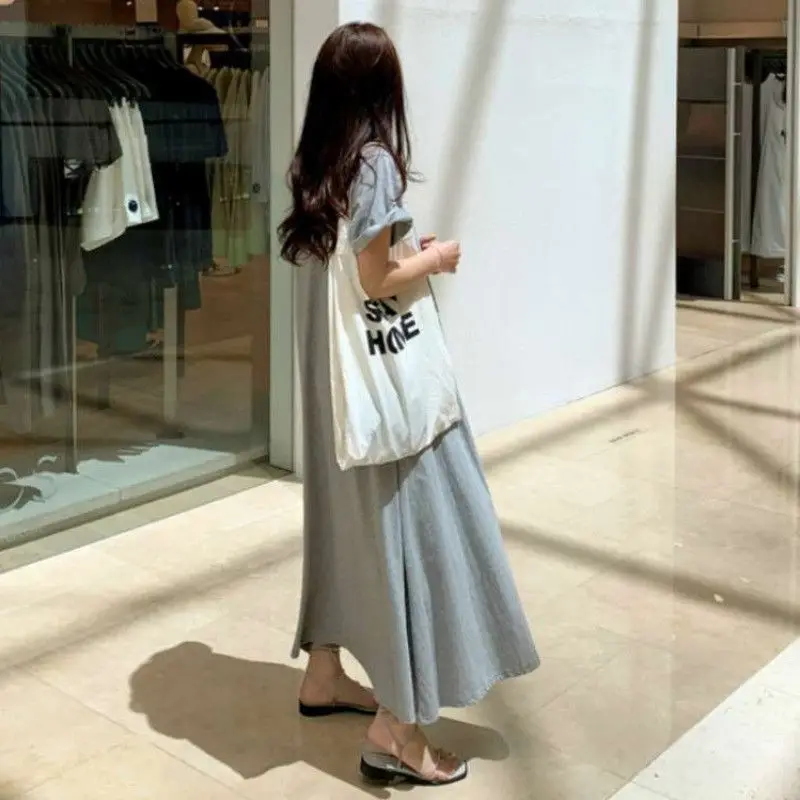 

Long Skirt 2021 Summer Fashion Loose Tibetan Meat Thin Solid Color Short-sleeved Round Neck Casual Over-the-knee Dress