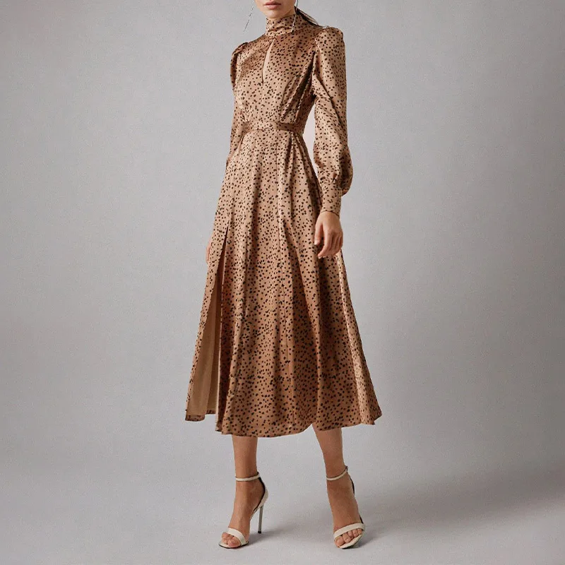 Платье женское атласное с длинным рукавом модный однотонный элегантный