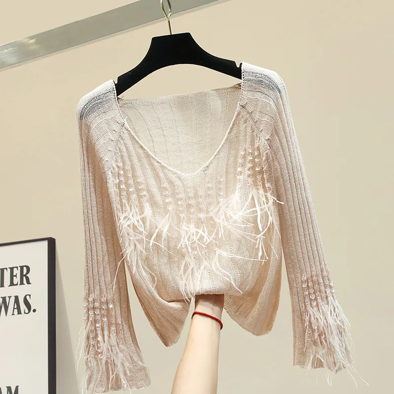 2021 Lazy Wind Knitted Sweater Womens Low-collar Feather Decorative Sweaters Female Loose Outside Pullovers Top Feminino | Женская