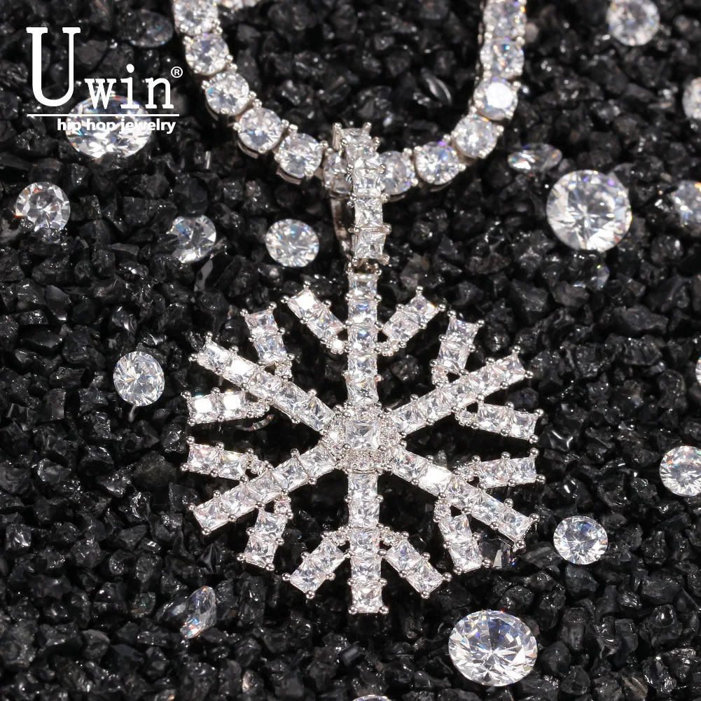 

Кулон Uwin в виде снежинки, с камнем багета, кубический, с теннисной цепочкой, массивное ожерелье для мужчин и женщин, в стиле хип-хоп, ювелирны...