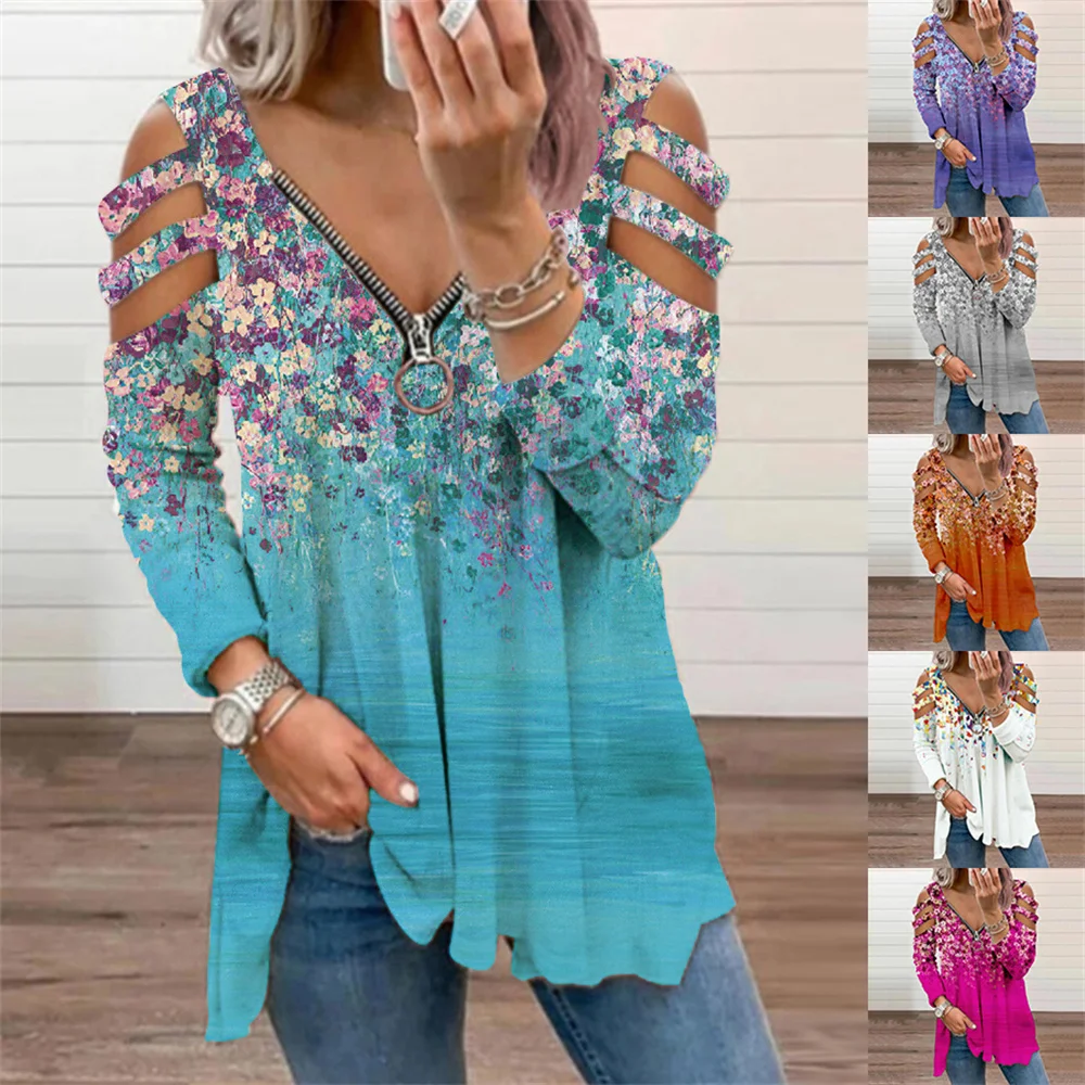 

Floral Print T-shirt Women V-neck Zipper Off-shoulder Long Sleeve Top T-shirt 2021 Autumn And Winter Female Elegant Clothing