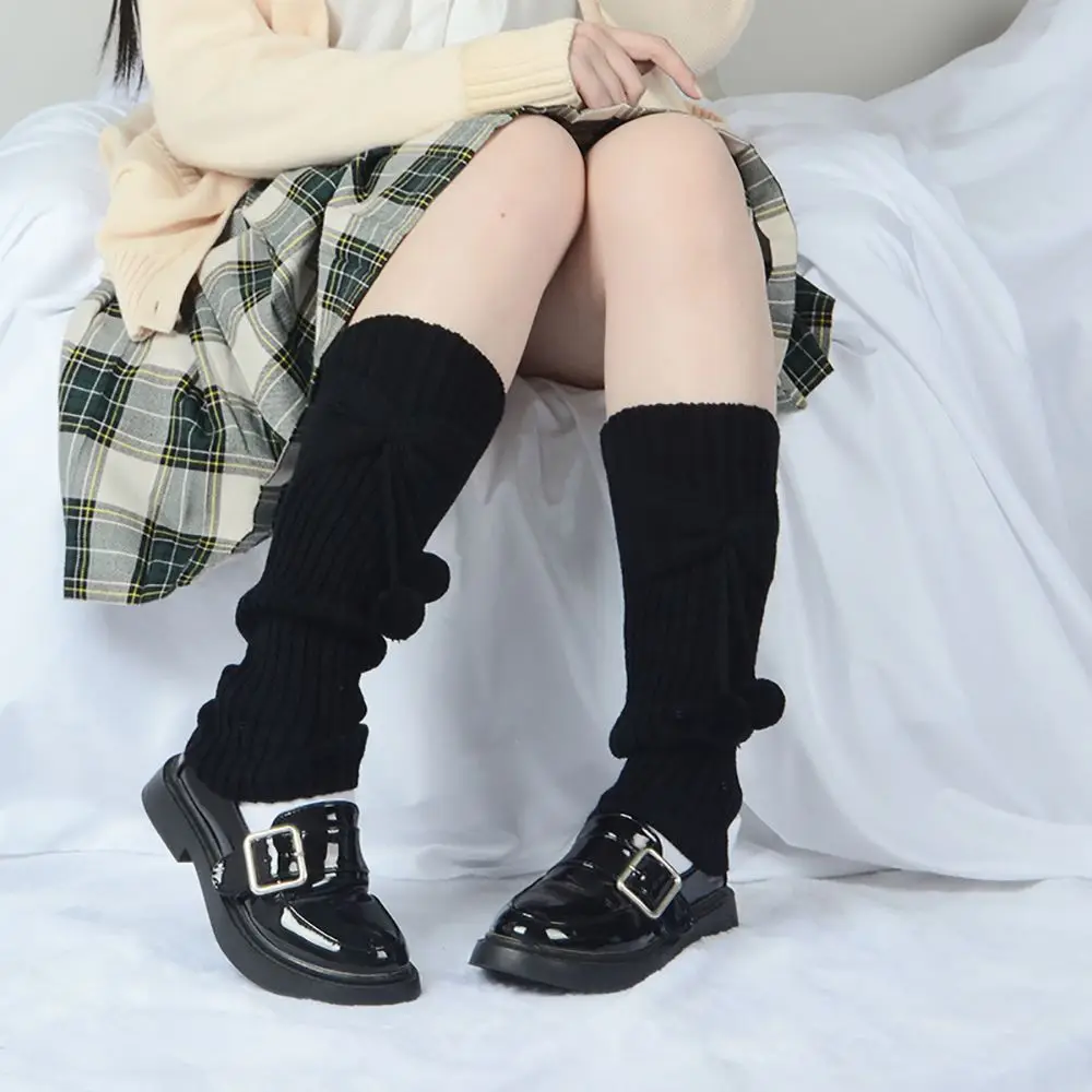 

1 Pair Middle Tube Leg Warmers Autumn Winter Solid Color Foot Cover Women's Bows With Ball Foot Cover Knitted Wool Boots Cover