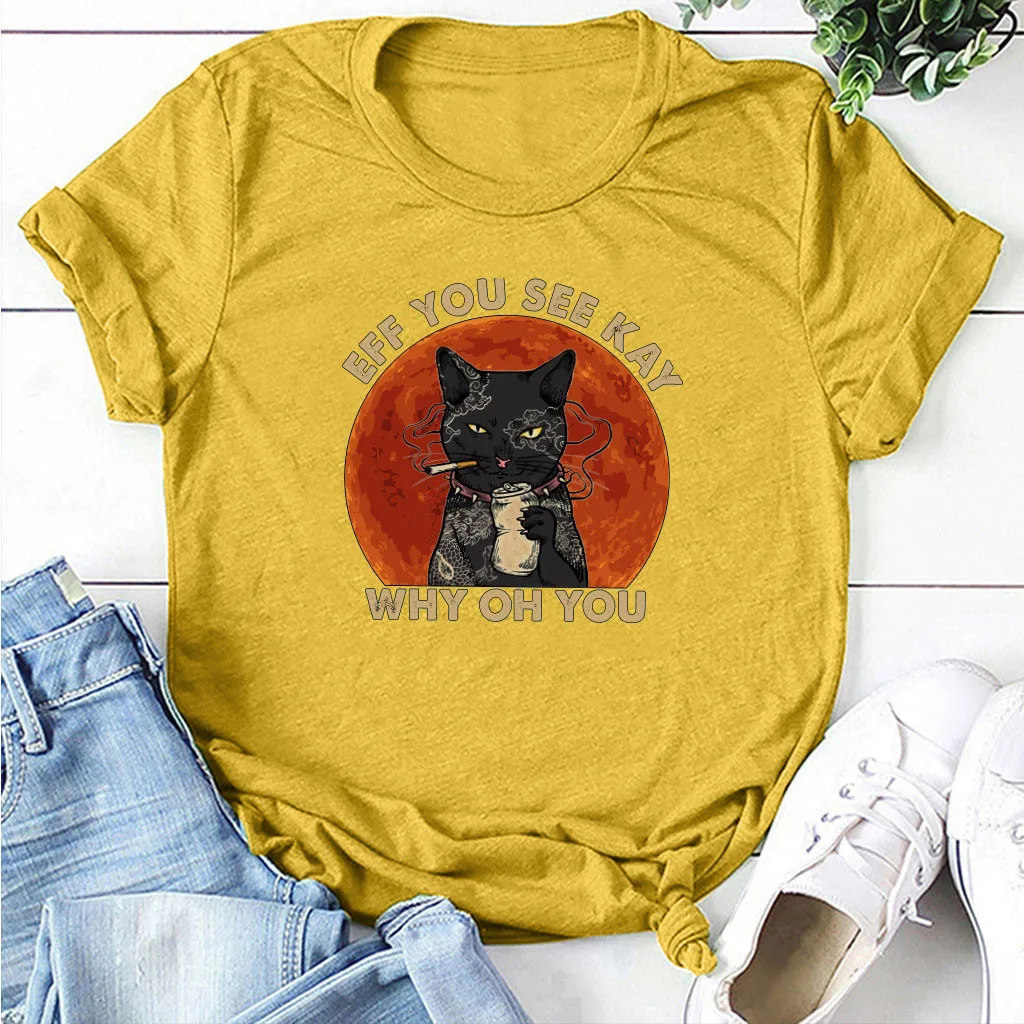 Женские модные повседневные футболки с принтом черного кота и буквами удобные