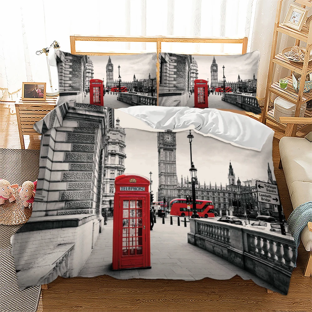 

3D print Bedding set London City Scenery Big Ben Red Telephone Booth Bus Print Bed Set Quilt Duvet Cover+Pillowcase