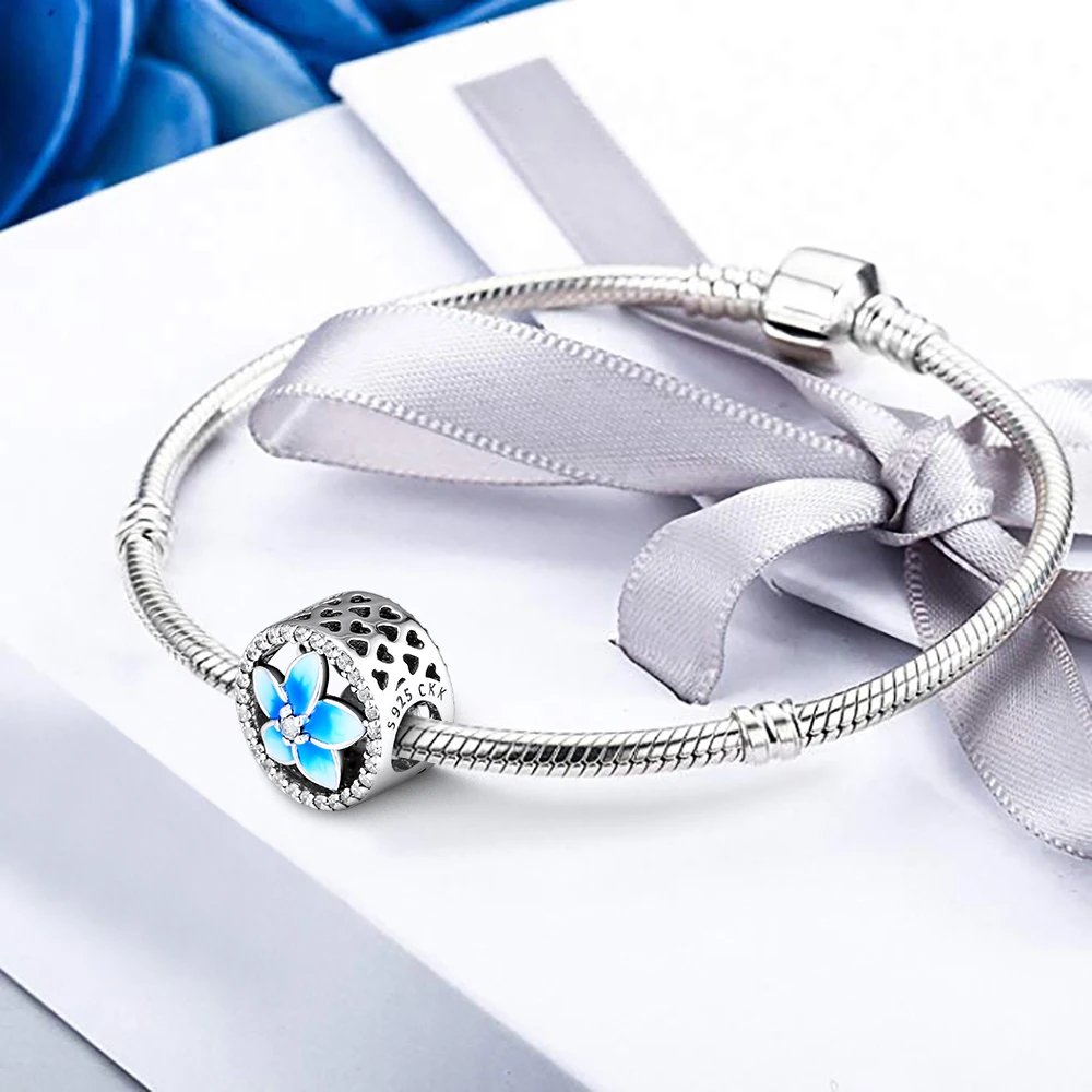 Подходит для браслетов Pandora с подвесками Цветочные бусины бледно синей эмалью и