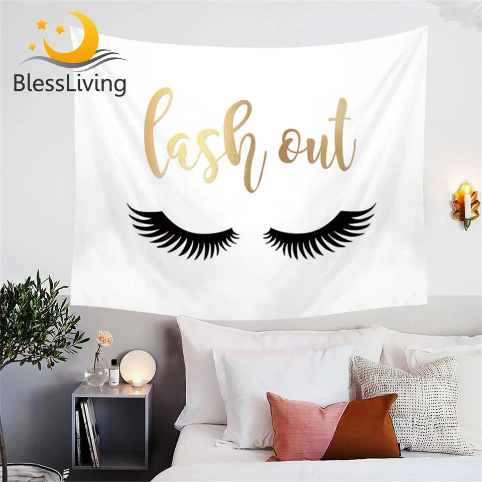 BlessLiving Golden Tapestry Eyelash Black and White Home Decor Wall Hanging for Living Room Bedroom Letters Print Bed Sheets 1