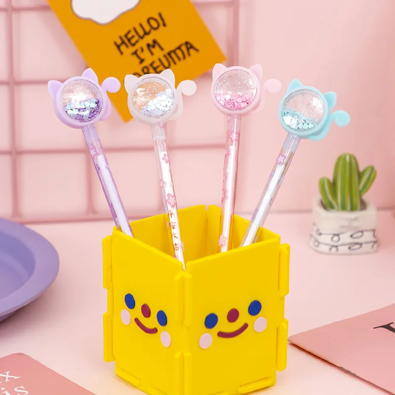 

1 cute cat shape gel pen with sequins cartoon signature pen student black pen learning fountain pen signature pen