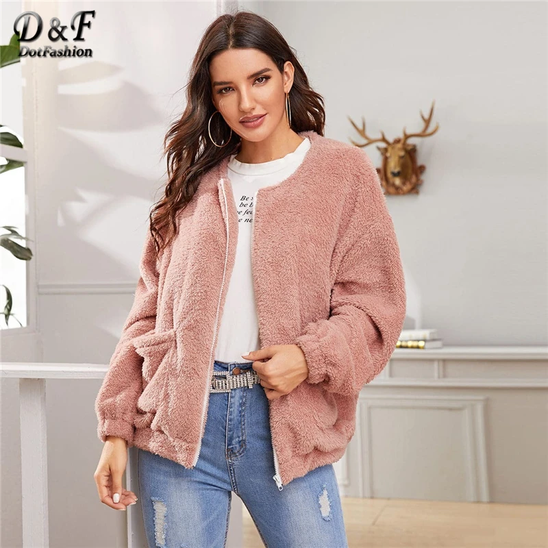 Dotfashion Розовый Повседневный плюшевый теплый жакет для женщин осень двойной карман деталь на молнии куртки дамы розовый сладкий пиджаки