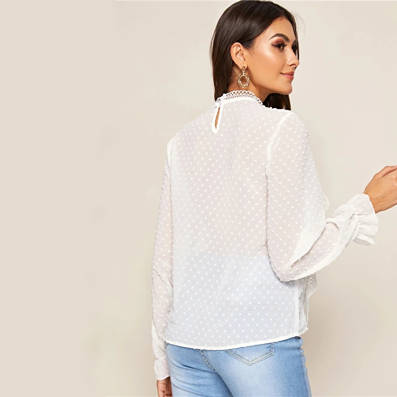 Dotfashion, повседневная, контрастная, кружевная, с оборкой, женская блузка,, осень, с воланами, рукав, блузки, для девушек, белый, швейцарский, в горошек, деталь, Топ